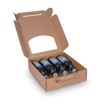 Beer gift box for 3-4 bottles made of cardboard with window & carrying handle in brown 245x278x73mm