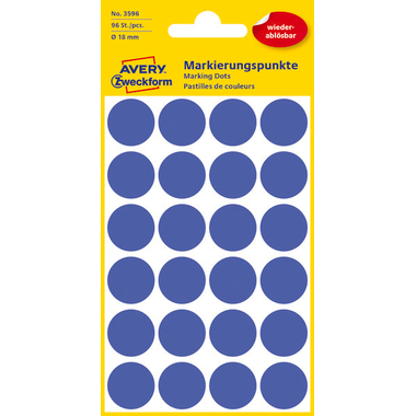 AVERY ZWECKFORM Markierungspunkte 18mm 3596 Blau, ablösbar 4 Blatt