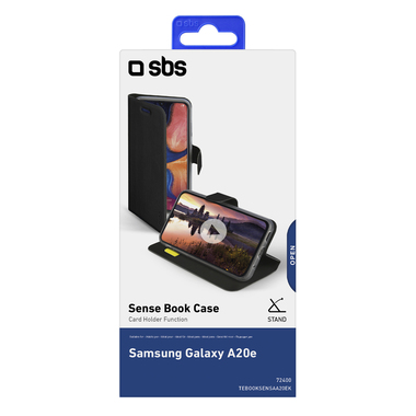 Black book-style case with credit card slot and stand function for Samsung Galaxy A20e