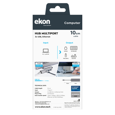 HUB multiport avec câble USB-C et port Ethernet RJ45 | Ekon