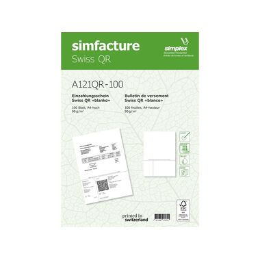 SIMPLEX Simfacture Swiss QR FSC, 100 Blatt SWISS QR - Einzahlungsschein A4, A121QR-100, universal, 90g, 100 Blatt