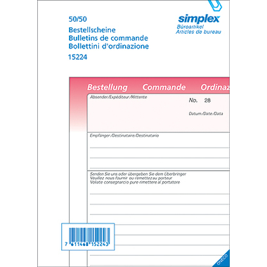 SIMPLEX Bestellscheine D/F/I A5 15225 rosa/rosa/weiss 50x3 Blatt