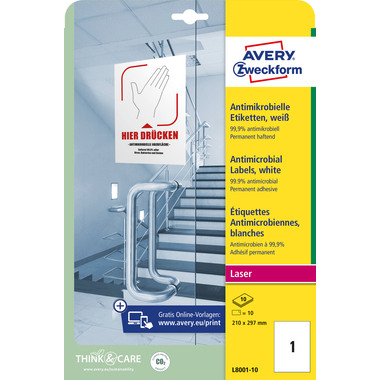 AVERY ZWECKFORM Étiquettes L8001-10 Antimic. 210x297mm blanc