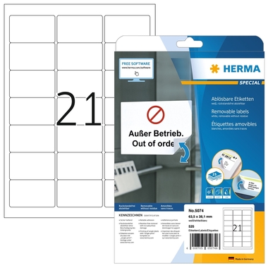 HERMA Etiketten Ablösbar 63,5x38,1mm 5074 weiss,non-perm. 525 St./25 Bl.