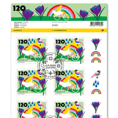 Timbres CHF 1.20 «Printemps», Feuille de 10 timbres Feuille «Saisons», autocollant, oblitéré