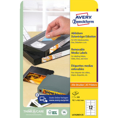 AVERY ZWECKFORM Video-Etiketten 78,7x46,6mm L4742REV-25 weiss,non-perm. 300Stk./25Bl.
