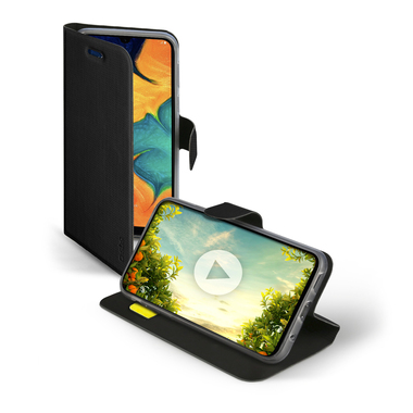 Handyhülle im Buchstil mit stabiler Stütze und Magnetverschluss, Ständerfunktion, Lederverarbeitung, für Samsung Galaxy A20/A30, Farbe Schwarz Frei wählbarer Betrag