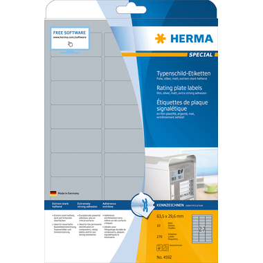 HERMA Typenschild-Etik. 63,5x29,6mm 4592 silber,PP matt 270 Stk./10 Bl.