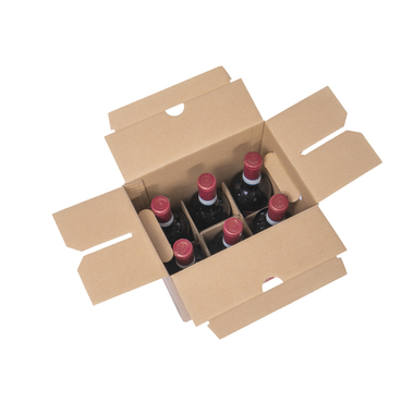 Bottle packaging with insert & grip holes for 6x 0.75l bottles with bottle height 320mm & Ø75mm