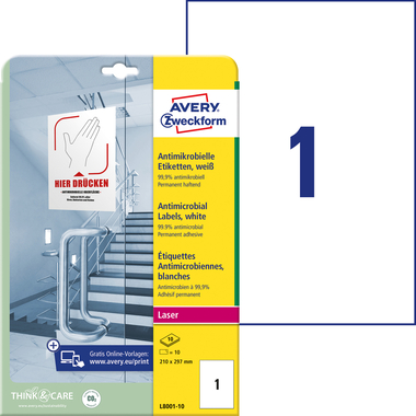 AVERY ZWECKFORM Étiquettes L8001-10 Antimic. 210x297mm blanc
