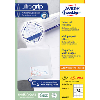 AVERY ZWECKFORM Etiketten 64,6x33,8mm 3658-200 weiss 5280 Stk./200+20 Blatt