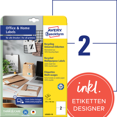 AVERY ZWECKFORM Etiquettes 148x210mm LR3655-10 blanc, perm. 10 flls./2 pcs.