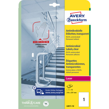 AVERY ZWECKFORM Étiquettes L8011-10 Antimic. 210x297mm transp.