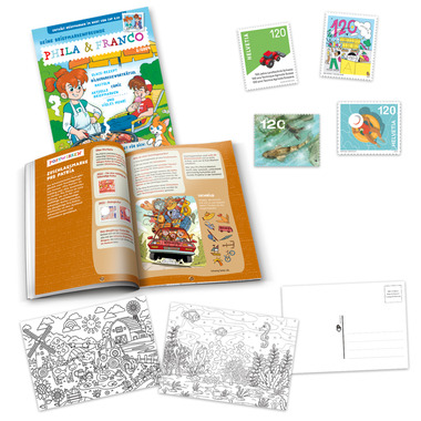 «Phila & Franco» Briefmarkenset für Kinder, DE, 2/24 20-seitiges Set, 7 Briefmarken (Taxwert CHF 8.20, 1 gestempelt, 6 ungestempelt), 3 Postkarten