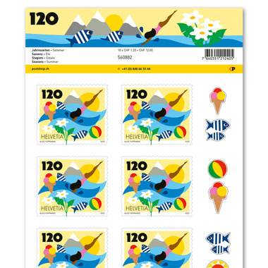 Timbres CHF 1.20 «Été», Feuille de 10 timbres Feuille «Saisons», autocollant, non oblitéré