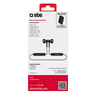 Auricolari stereo semi in-ear con tecnologia wireless V5.0, chiusura magnetica, microfono integrato, controller tasti, 2 gommini con archetto inclusi