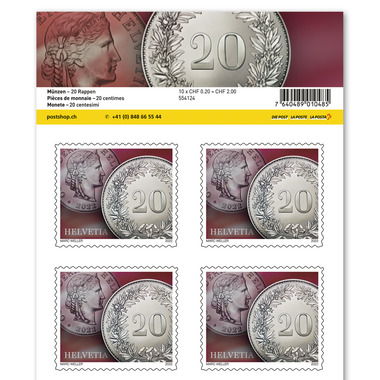 Francobolli CHF 0.20 «20 centesimi», Foglio da 10 francobolli Foglio «Monete», autoadesiva, senza annullo
