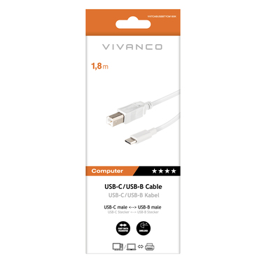 Câble USB-C/USB-B, M-M, 1,8 m, blanc | Vivanco