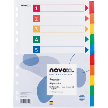 NOVOOO Kartonregister A4 40620 weiss 10-teilig, farbige Taben