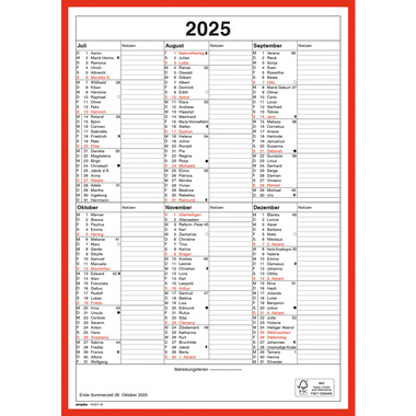 SIMPLEX Calendrier mur. fêtes nom 2025 4032340.25 6M/1P rouge/blanc DE A4
