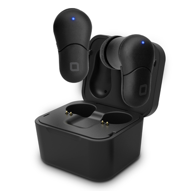 Stereo earphones with 300 mAh charging dock, V4.2 Bluetooth, answer/end call button, black colour