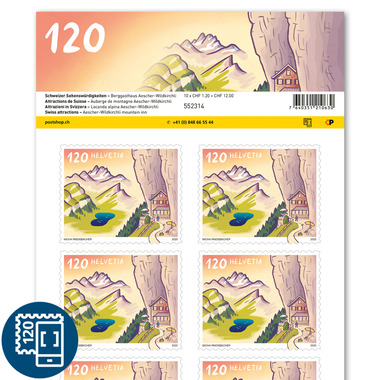Timbres CHF 1.20 «Auberge de montagne Aescher-Wildkirchli», Feuille de 10 timbres Feuille «Attractions de Suisse», autocollant, non oblitéré