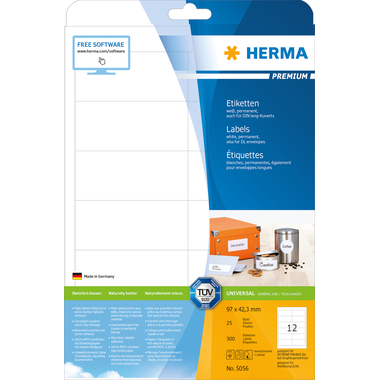 HERMA Etichette PREMIUM 97x42.3mm 5056 bianco,perm. 300 pz./25 fogli