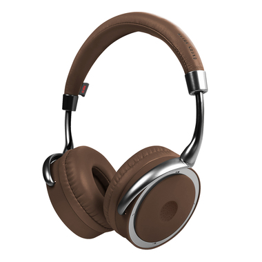 Brown wireless headphones with a sliding volume control, start / end calls button and music management features