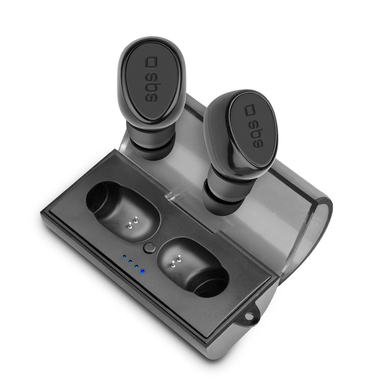 Auricolari Twin TWS, Bluetooth V 4.2, con tasto di risposta/fine chiamata e gestione musica, base di ricarica da 300 mAh, colore nero