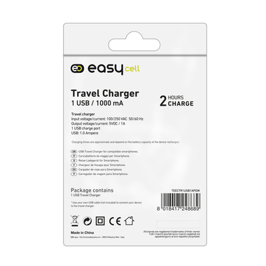 Alimentatore da viaggio con presa europea ed ingresso USB da 1A