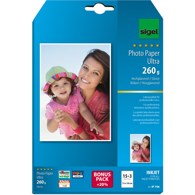 SIGEL InkJet Photo Paper 13x18cm IP706 260g,glossy, blanc 18 feuilles