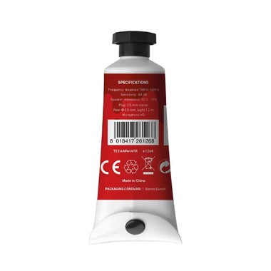 Oreillette stéréo dans une confection en forme de petit tube avec un câble jack de 3,5 mm, un micro et une touche de réponse, couleur rouge