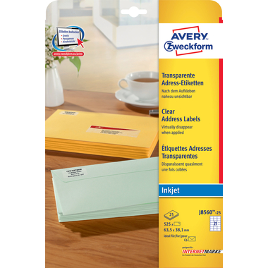 AVERY ZWECKFORM Etiquettes J8560 J8560-25 63.5x38.1mm trans.525pcs.20f.