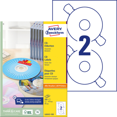 AVERY ZWECKFORM CD-Etichette Classic 117mm L6043-100 ILK A4, bianco 100fogl./2pezzi