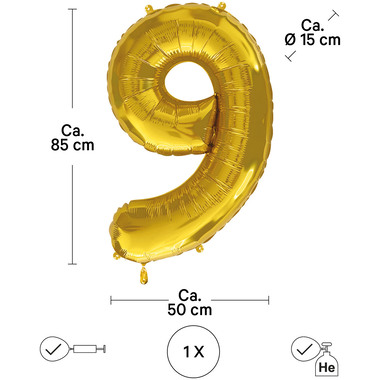 I AM CREATIVE Folienballon Zahl 9 85cm 1000-1054 gold