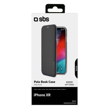 Book case with a silk touch effect, magnetic closure and card pocket, for iPhone XR, black color