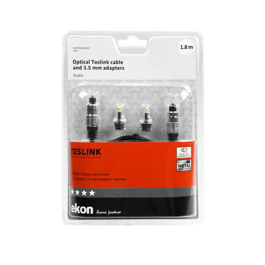 1.8m long black optical fibre cable with two male Toslink connectors and two jack 3.5 mm Toslink adapters, and featuring gold-plated connectors