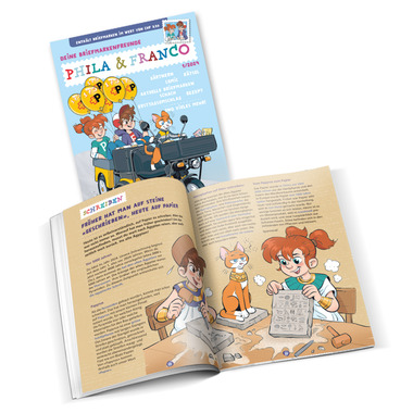 «Phila & Franco» set filatelico per bambini, IT, 1/24 Set da 20 pagine, 6 Francobolli (valore facciale CHF 7.50, 2 con annullo, 4 senza annullo), 3 Cartoline postali