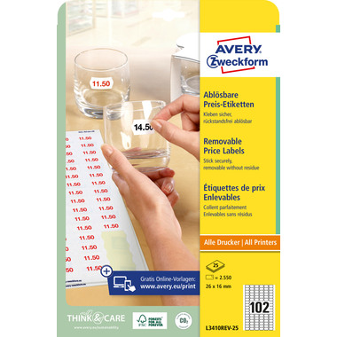 AVERY ZWECKFORM Etichette prezzo 26×16mm L3410REV2 bianco 2550 pezzi