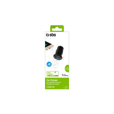 Mini USB car charger with 2 USB plug 12/24V, 2400 mA, black color