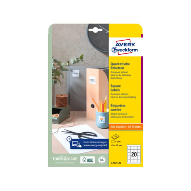 AVERY ZW. Etiketten QR-Code 45x45mm L7121-25 weiss, 500 Stück AVERY ZWECKFORM Etiketten QR-Code, 45x45mm, L7121-25 - 500 Stück