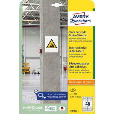 AVERY ZWECKFORM Etichette Univ. 45.7x21.2mm L7873-20 bianco, strong 20 fogli