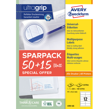 AVERY ZWECKFORM Universal-Etiketten 97x423mm 4781-65 weiss 50+15 Blatt