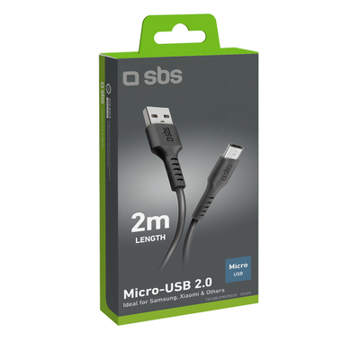 A two metre long charging and data transfer cable with USB 2.0 and Micro-USB outputs, black color