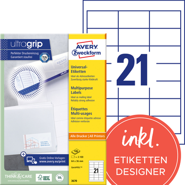 AVERY ZWECKFORM Etiquettes 64x36mm 3670 blanc 2100 pcs./100 flls.