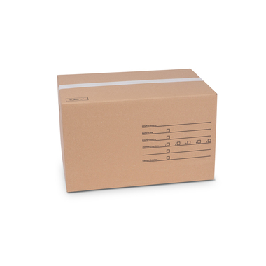 Moving box with handle holes & form fields in brown 594x394x350mm