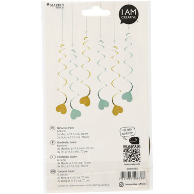 I AM CREATIVE Girlande, Herz,mint,gold,70cm 6010.965 6 Stück