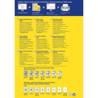 AVERY ZWECKFORM Typenschild-Labels 45,7x21,2mm L6009-20 silber, Laser 960 St./20 Blatt