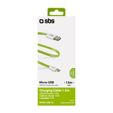 A 150 cm long cable with USB 2.0 and micro USB connectors for charging and data transfer, green color