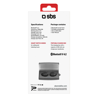 Auricolari Twin TWS, Bluetooth V 4.2, con tasto di risposta/fine chiamata e gestione musica, base di ricarica da 300 mAh, colore nero
